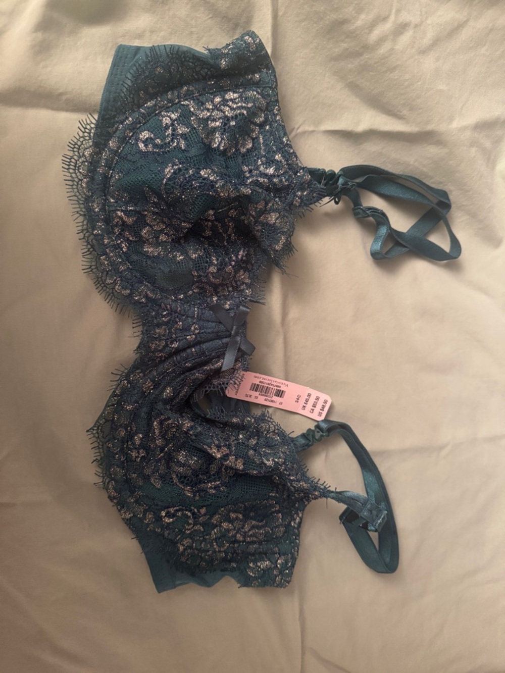 Victoria's Secret Teal Lace Underwire Bra with Metallic Silver Accents